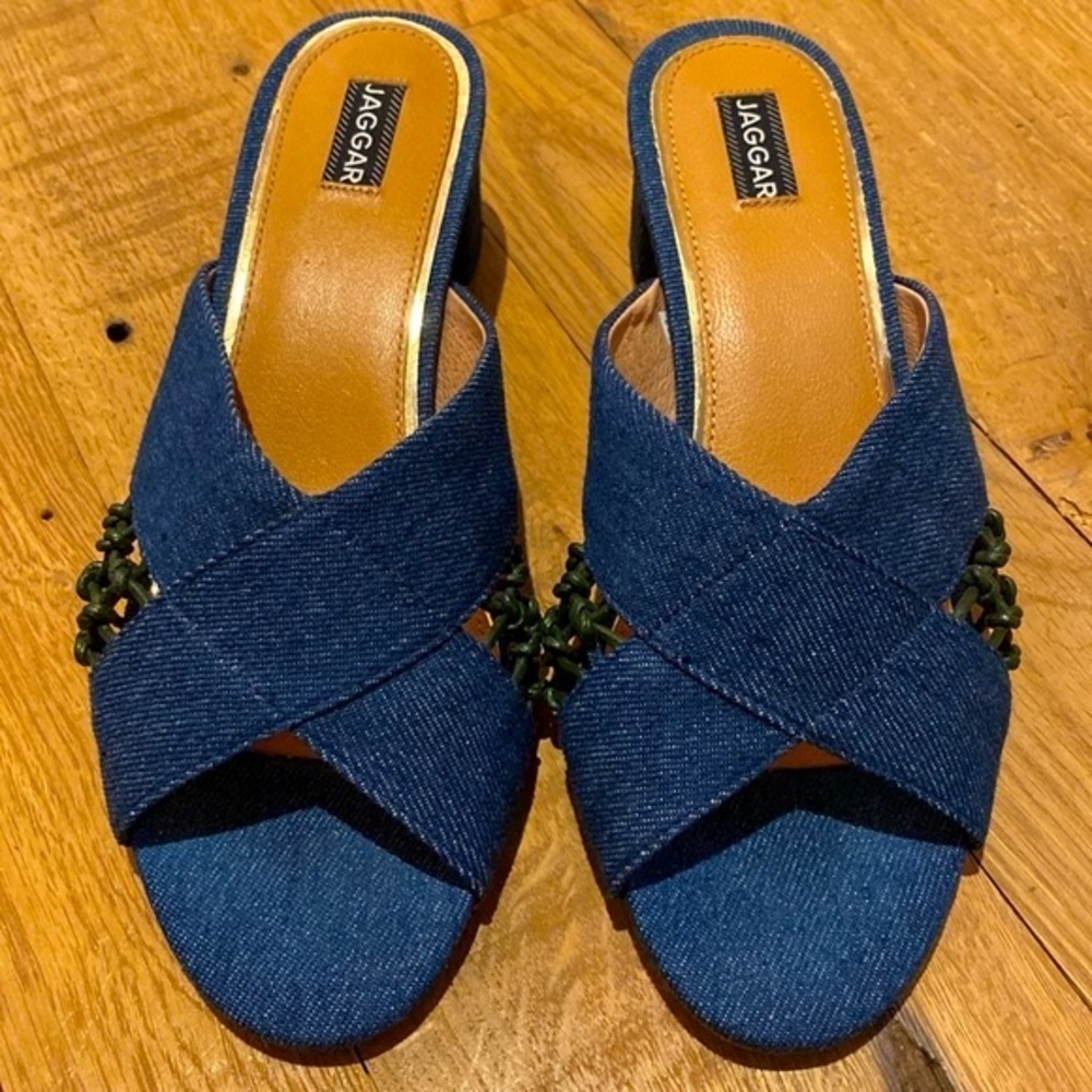 Jaggar Denim Block Heel Mule Slides w Evergreen Lattice Work Size 39 US